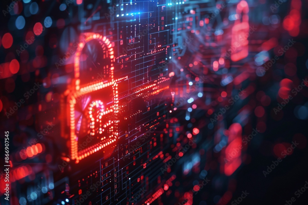 Red digital lock icon surrounded by abstract binary code on a dark background. Cybersecurity and data protection concept. Red digital lock icon surrounded by abstract binary code on a dark background. Cybersecurity and data protection concept.