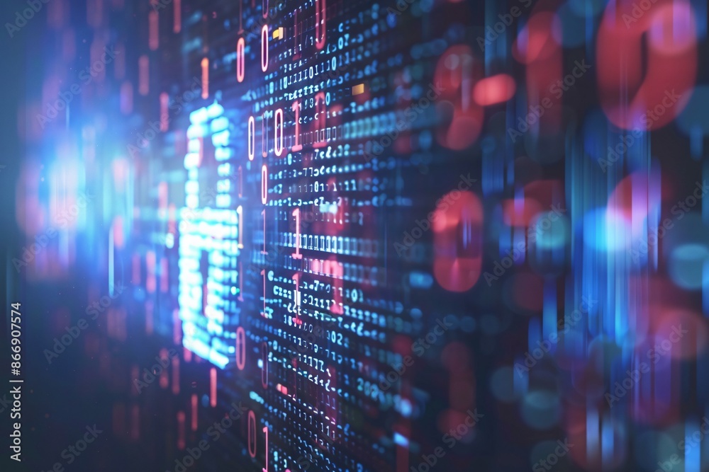 Abstract digital lock icon with binary code on a blurred blue and red background. Cybersecurity and data protection concept. Abstract digital lock icon with binary code on a blurred blue and red background. Cybersecurity and data protection concept.