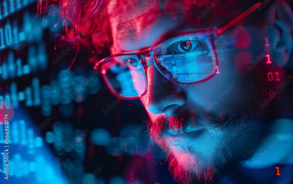 Close-up of a person wearing glasses with binary code reflections in blue and red lighting. Cybersecurity and technology concept. Close-up of a person wearing glasses with binary code reflections in blue and red lighting. Cybersecurity and technology concept.