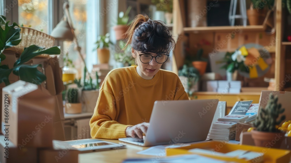 business owner managing online orders on a laptop, surrounded by packaging materials in a cozy workspace business owner managing online orders on a laptop, surrounded by packaging materials in a cozy workspace