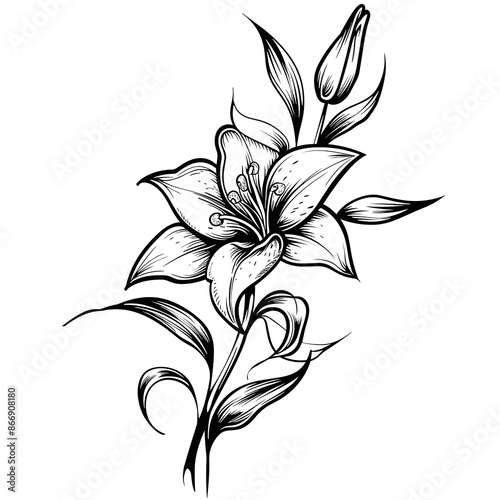 A black and white drawing of a flower with a stem. The flower is large and has a lot of detail. The mood of the drawing is calm and peaceful