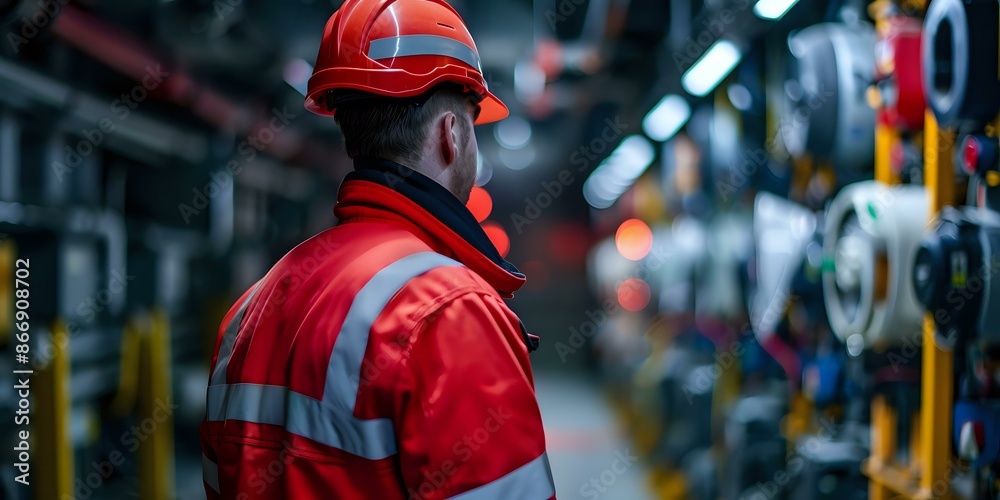 Industrial worker in a red safety uniform and hard hat inspecting machinery in a factory, perfect for industrial themes, safety advertisements, or manufacturing content. Industrial worker in a red safety uniform and hard hat inspecting machinery in a factory, perfect for industrial themes, safety advertisements, or manufacturing content.