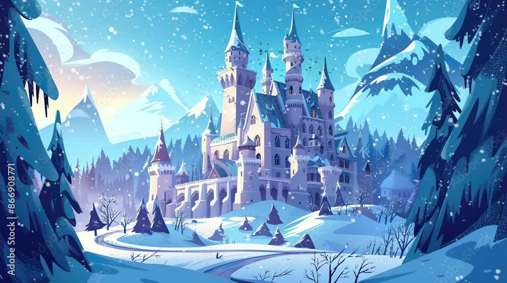 Snow-covered castle nestled in a picturesque winter landscape
 Seamless looping 4k time-lapse virtual video animation background. Generated AI