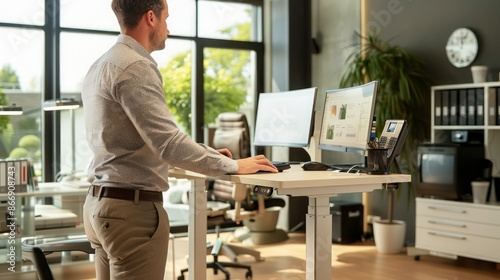 business professional using a height-adjustable desk to switch between sitting and standing while working photo