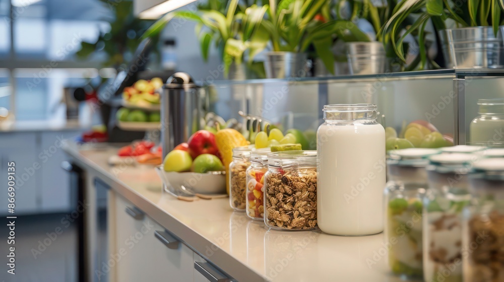 healthy breakfast bar in the office kitchen, stocked with yogurt, granola, and fresh fruit healthy breakfast bar in the office kitchen, stocked with yogurt, granola, and fresh fruit