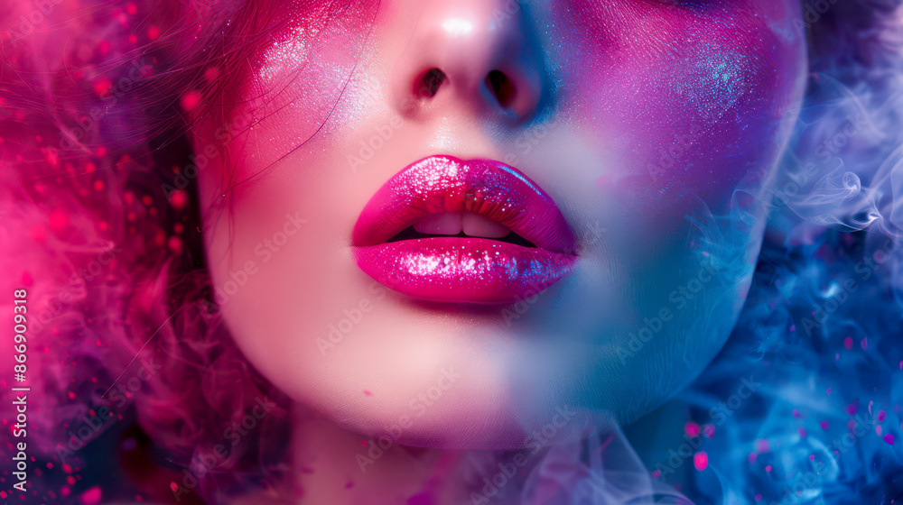 Close up of a woman's face, especially her lips. Colorful woman makeup, artistic makeup. A woman with pink painted lips Close up of a woman's face, especially her lips. Colorful woman makeup, artistic makeup. A woman with pink painted lips