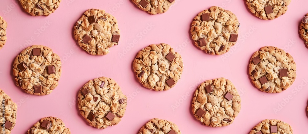 Oatmeal cookies with chocolate arranged on a pink surface. Oatmeal cookies with chocolate arranged on a pink surface.