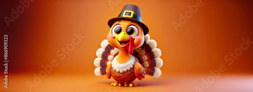 Funny Happy Turkey Bird In Pilgrim Hat Thanksgiving Celebration On Empty Orange Background