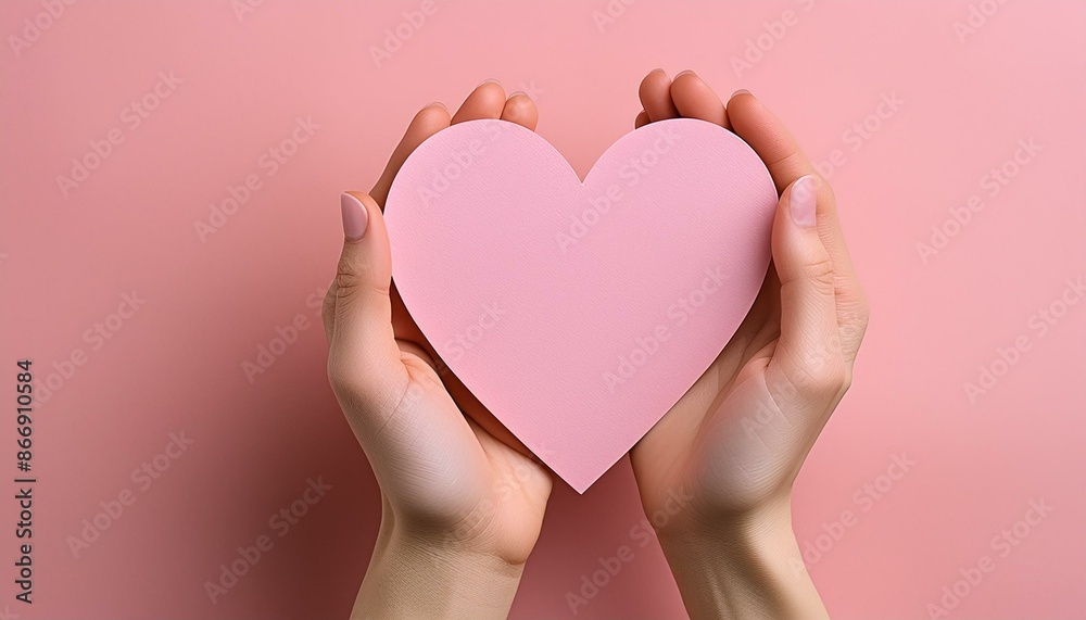 Young Woman's Hands Holding Pink Paper Heart on Pink Background Young Woman's Hands Holding Pink Paper Heart on Pink Background