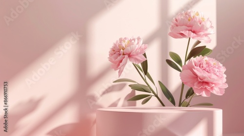 Fototapeta Naklejka Na Ścianę i Meble -  Pink peonies in minimalist soft light, floral still life. Elegant flower arrangement concept