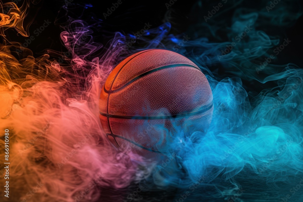 Vibrant basketball surrounded by flowing smoke with blue and orange lighting effects Vibrant basketball surrounded by flowing smoke with blue and orange lighting effects
