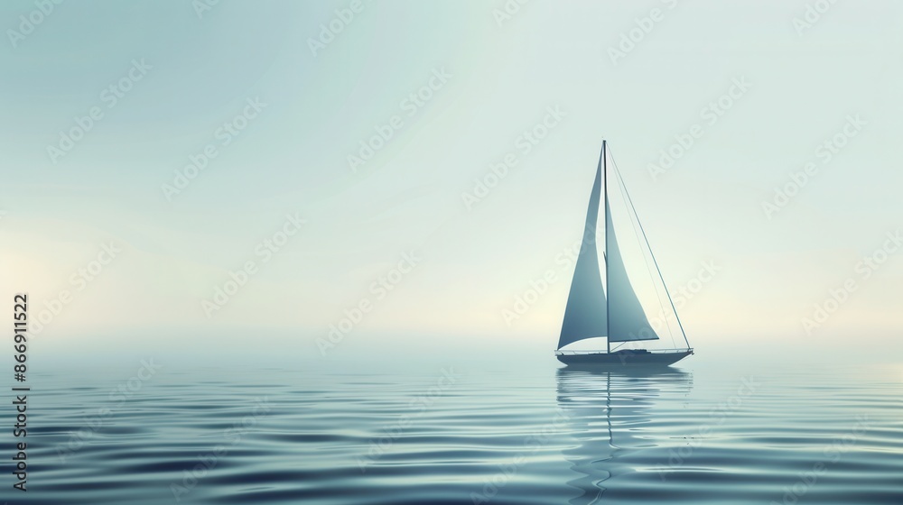 Obraz premium A minimalistic image featuring a sailboat silhouette sailing on calm ocean water at dawn. Generative AI