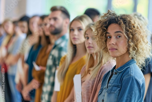 A diverse group of people standing in line, patiently waiting