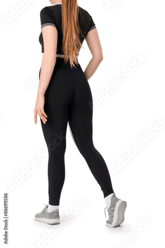 Young woman in sportswear on white background