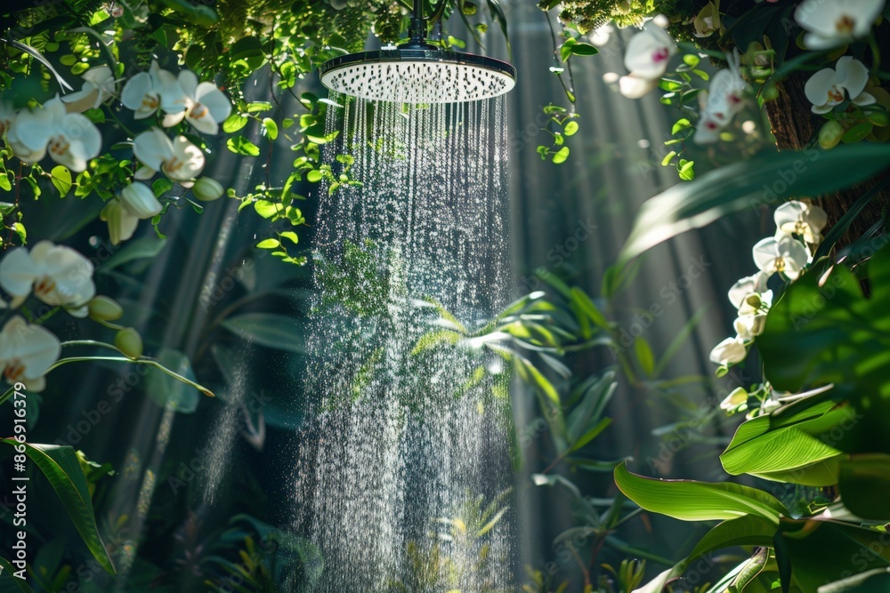 Tropical shower head with a waterfall effect, surrounded by lush greenery
