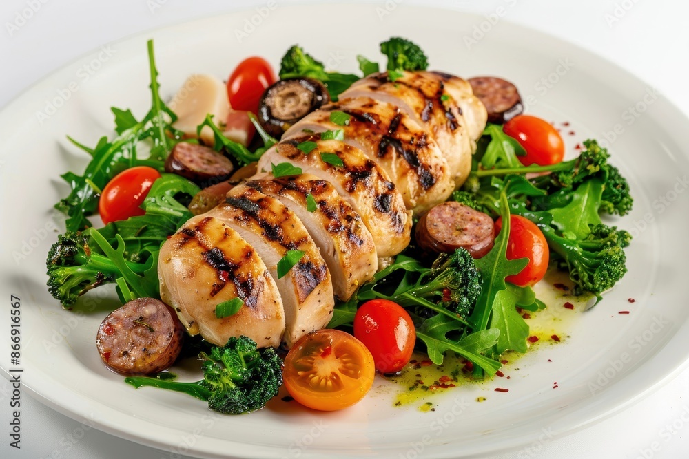 Flavorful Grilled Chicken and Sausage with Broccoli Rabe, Arugula, and Provolone Cheese