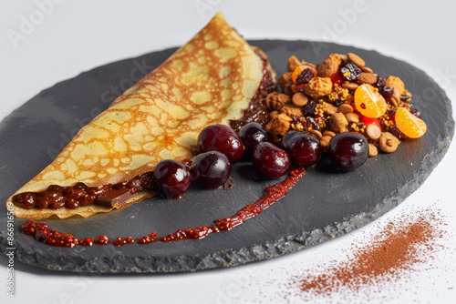 Delectably Irresistible Chocolate Crepe with Tangerine Dried Red Chili Sauce and Cocoa Powder