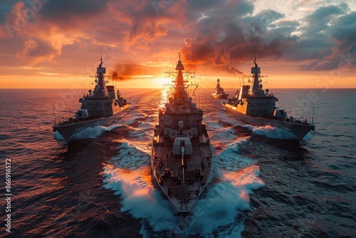 A striking image of a naval fleet sailing in unison beneath a dramatic sunset, with visible waves crashing against the warships, illustrating both beauty and might of the sea. photo