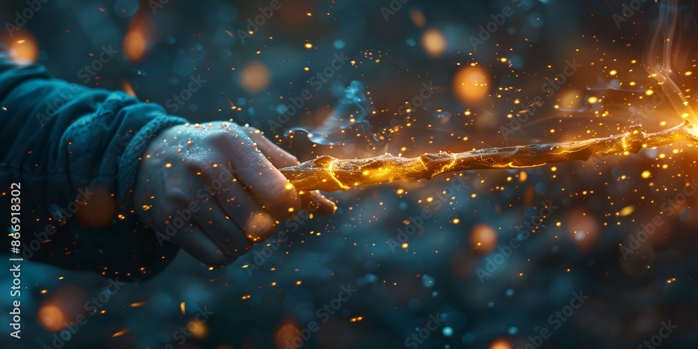A person is holding a wand and is surrounded by a lot of sparks. Scene is mysterious and magical A person is holding a wand and is surrounded by a lot of sparks. Scene is mysterious and magical