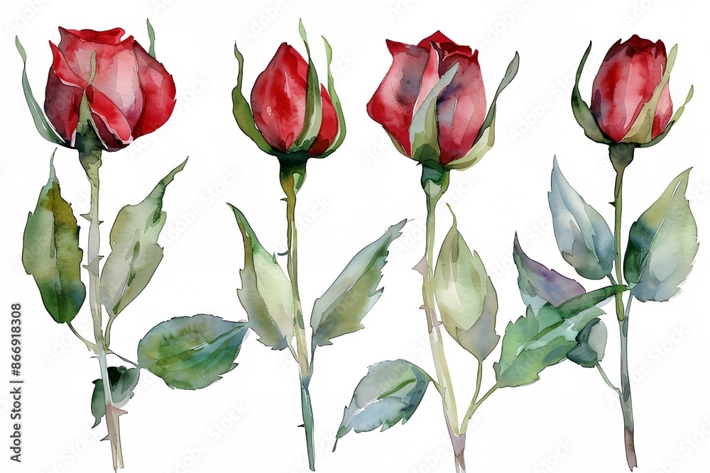 Four red roses are painted in watercolor, with their stems and leaves visible. The flowers are arranged in a row, with each one slightly overlapping the one next to it. Scene is one of beauty Four red roses are painted in watercolor, with their stems and leaves visible. The flowers are arranged in a row, with each one slightly overlapping the one next to it. Scene is one of beauty
