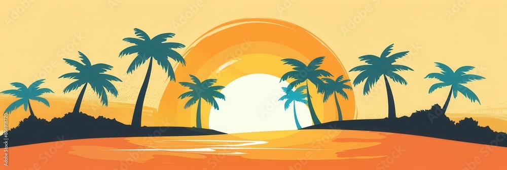 Obraz premium A minimalist and vibrant image of palm trees silhouetted against a sunset over a tropical beach. Perfect for travel agencies and resorts. Generative AI