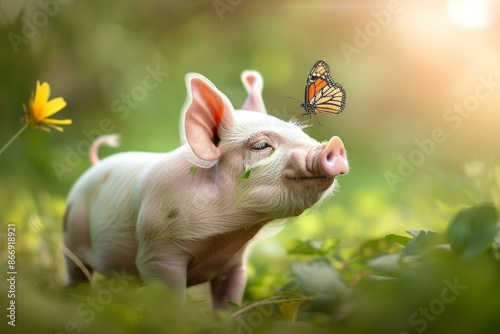 Adorable Piglet Playing with Butterfly in a Sunlit Meadow - Perfect for Nature-Themed Prints