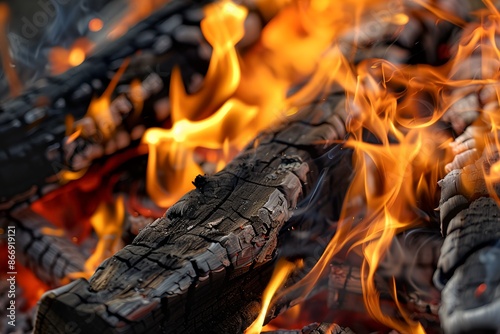 A pile of wood with flames coming out of it. The fire is hot and bright, and the wood is charred and blackened. The scene has a mood of warmth and coziness