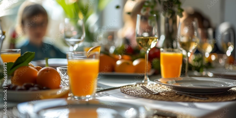 A table with a variety of food and drinks, including orange juice and wine glasses. The table is set for a meal with plates, forks, knives, and spoons. The atmosphere is casual and inviting A table with a variety of food and drinks, including orange juice and wine glasses. The table is set for a meal with plates, forks, knives, and spoons. The atmosphere is casual and inviting