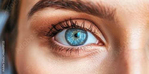 A woman's eye is open and blue. The eye is surrounded by a light brown area. The eye is the main focus of the image