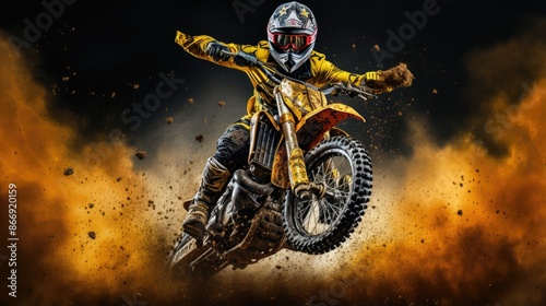 Adrenaline-fueled motocross athlete in action, wearing sports helmet, surrounded by dust and excitement.