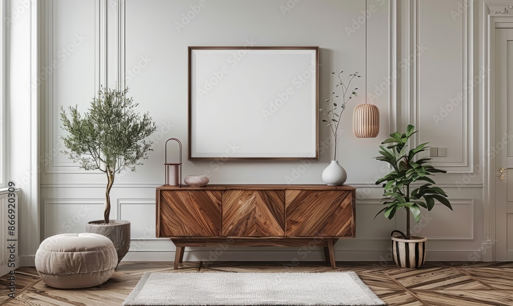 Elegant dining room with a blank frame on the sideboard