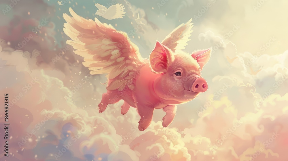 Obraz premium Whimsical Flying Piglet with Angel Wings in Serene Pastel Cloudy Sky