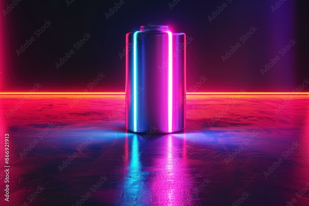 Innovative 3d render of futuristic neon glow battery concept with vibrant pink and blue luminescence, representing a creative and durable energy storage supply in a cyberpunk inspired design Innovative 3d render of futuristic neon glow battery concept with vibrant pink and blue luminescence, representing a creative and durable energy storage supply in a cyberpunk inspired design