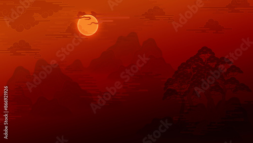 Oriental painting illustration, dark wallpaper with clouds and mountains, landscape painting 동양화, 산수화 일러스트 (10) 석양