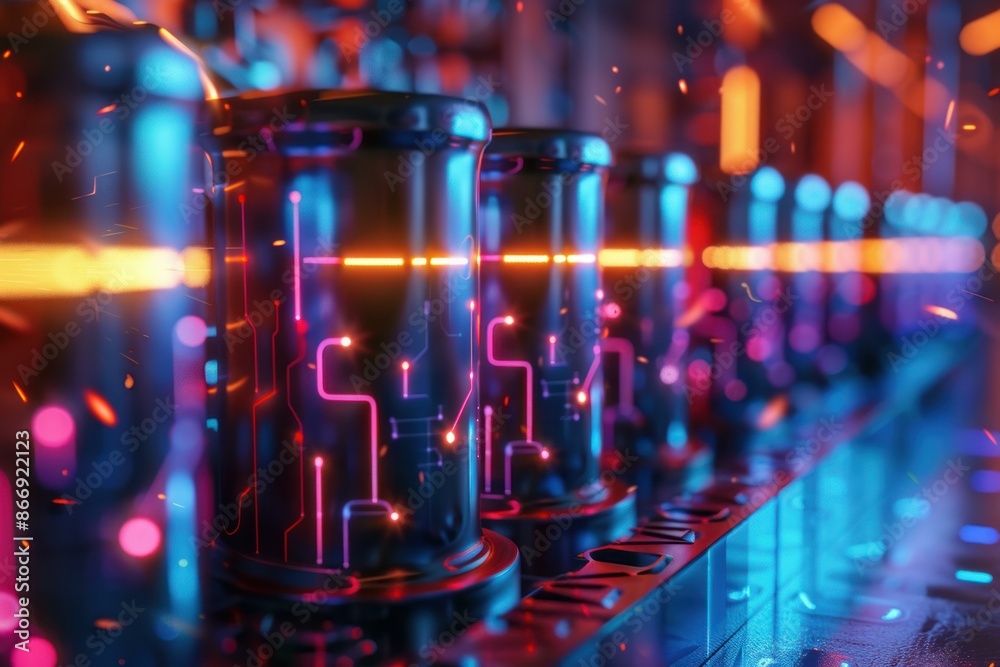 Abstract image of glowing circuits in a data center environment, representing high tech storage solutions Abstract image of glowing circuits in a data center environment, representing high tech storage solutions