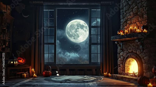 Castle room with fireplace, full moon view from window. Historic ambiance with romantic medieval charm.
 Seamless looping 4k time-lapse virtual video animation background. Generated AI