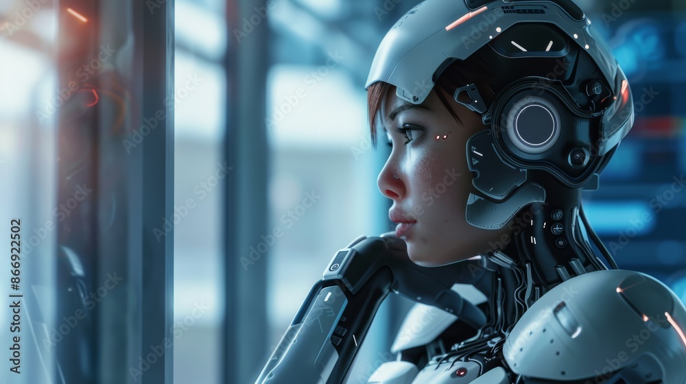 Fototapeta premium ai android robot with female human like face on minimal light blue interior - artificial intelligence technology copy space 