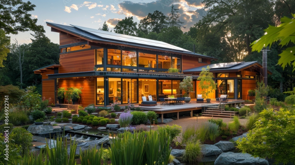 Fototapeta premium Modern Eco-Friendly Home with Solar Panels and Rainwater Collection System for Sustainable Living