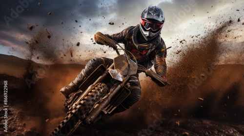 Adrenaline-fueled motocross athlete in action, wearing sports helmet, surrounded by dust and excitement.