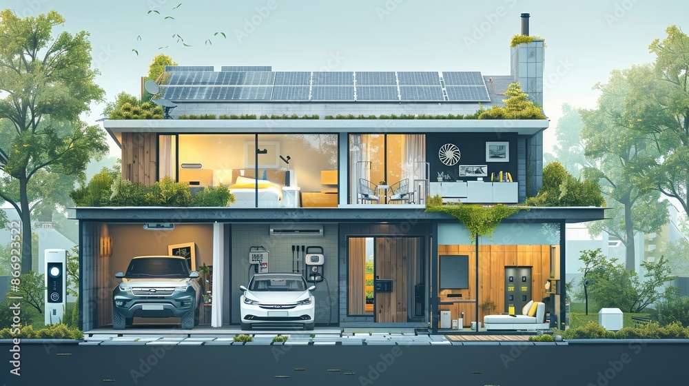 Obraz premium A smart home with fans and solar panel on rooftop, storage water heater and air conditioner, a computer panel in living room of the house, electric car, simple illustration