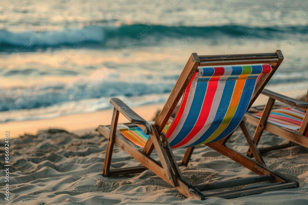 Fototapeta premium Two colorful striped deck chairs face the ocean waves at sunset, symbolizing tranquil vacations