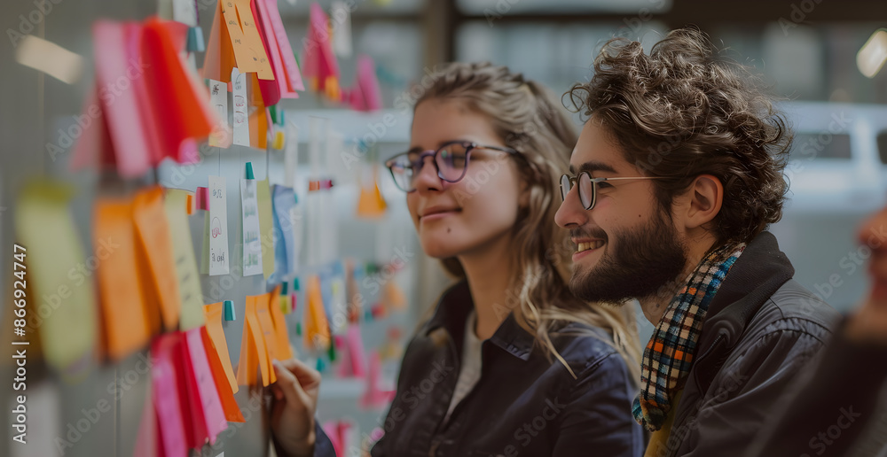 Two people are looking at a board with colorful sticky notes on it Two people are looking at a board with colorful sticky notes on it