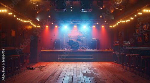 A Country Bar Concert Stage, with glow effects, light effects. Generative AI.