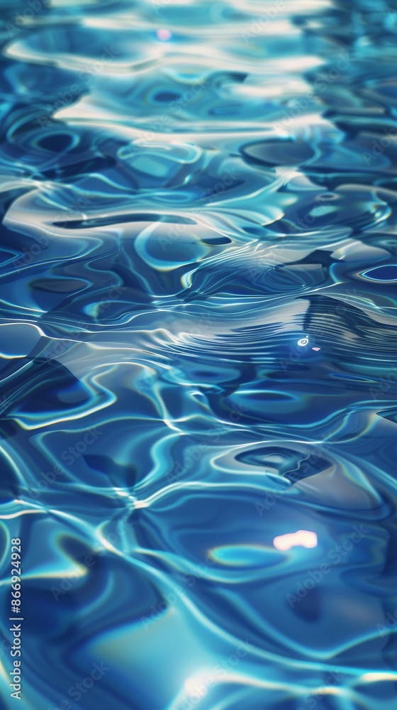 Close-up of rippling blue water surface, abstract light reflections. Nature background concept