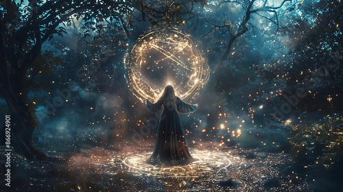 Watch powerful sorceress casting a grand spell in a moonlit clearing surrounded by enchanted symbols and mystical energies perfect for lovers of magic and sorcery in fantasy worlds