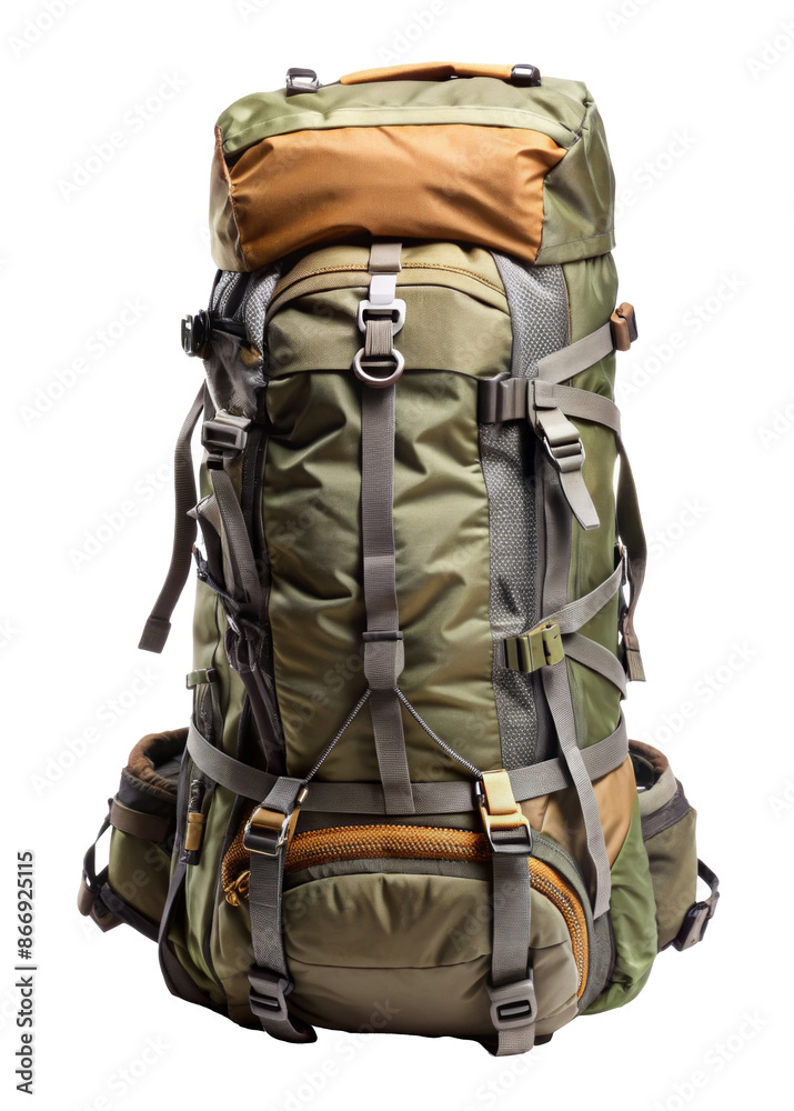 Orange and green hiking backpack with zippers isolated on transparent background Orange and green hiking backpack with zippers isolated on transparent background