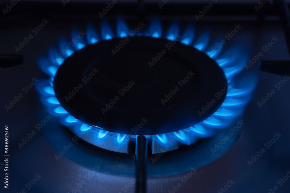 Gas burner with burning fire, close up. Flames on kitchen gas stove. Gas burner with burning fire, close up. Flames on kitchen gas stove.