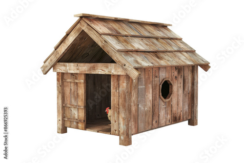 A rustic wooden chicken coop with a single chicken inside. isolated on a white background, transparent background.