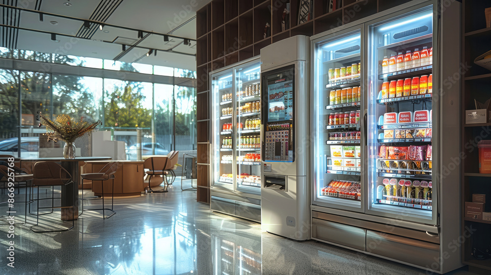 A smart vending machine in a mall modern style, minimalism. Uncluttered look, simple lines, focus on functionality. Glass walls, floor-to-ceiling windows. Generative AI. A smart vending machine in a mall modern style, minimalism. Uncluttered look, simple lines, focus on functionality. Glass walls, floor-to-ceiling windows. Generative AI.