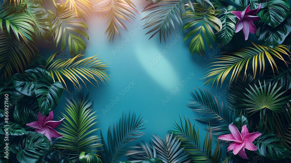 Tropical Palm leaves and flowers with sun light. Summer exotic trendy frame background with place for text Tropical Palm leaves and flowers with sun light. Summer exotic trendy frame background with place for text